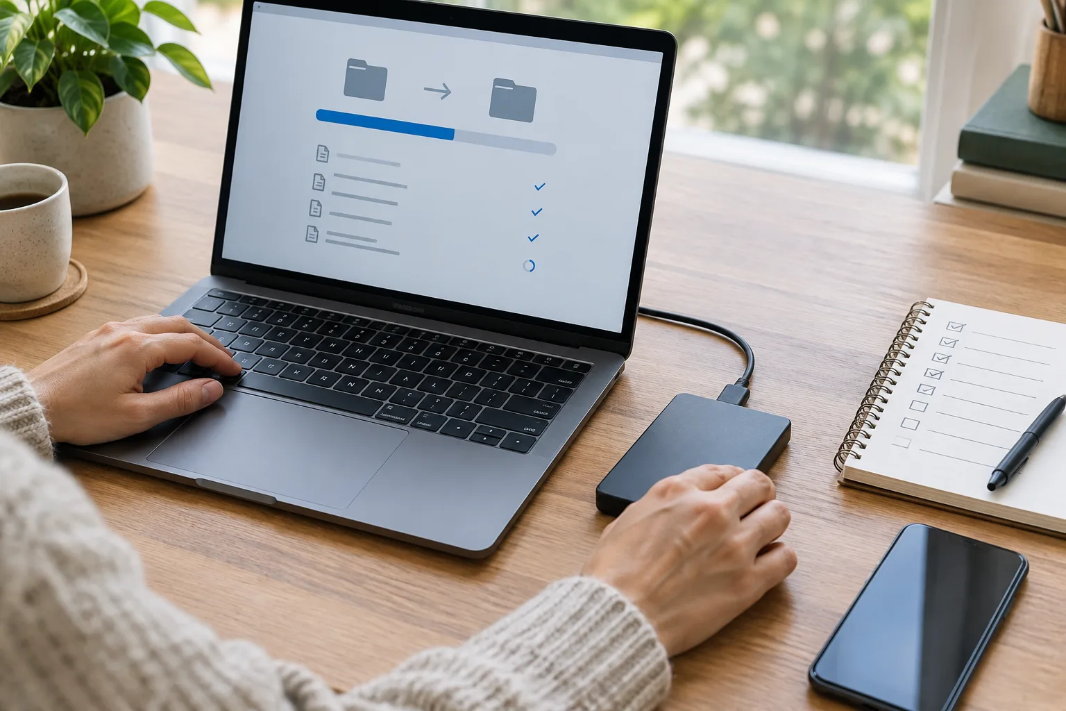 Un ordinateur portable et un disque externe sont utilisés pour transférer des fichiers avec précaution.