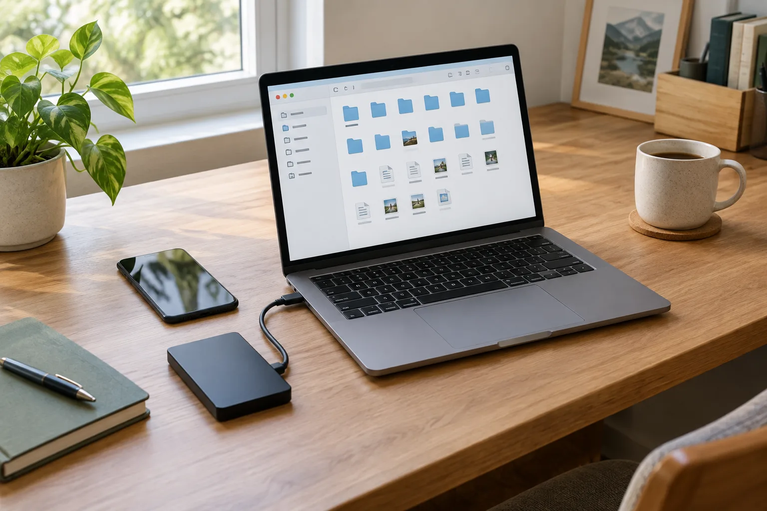 Un ordinateur portable, un téléphone et un disque externe réunis sur un bureau rangé.