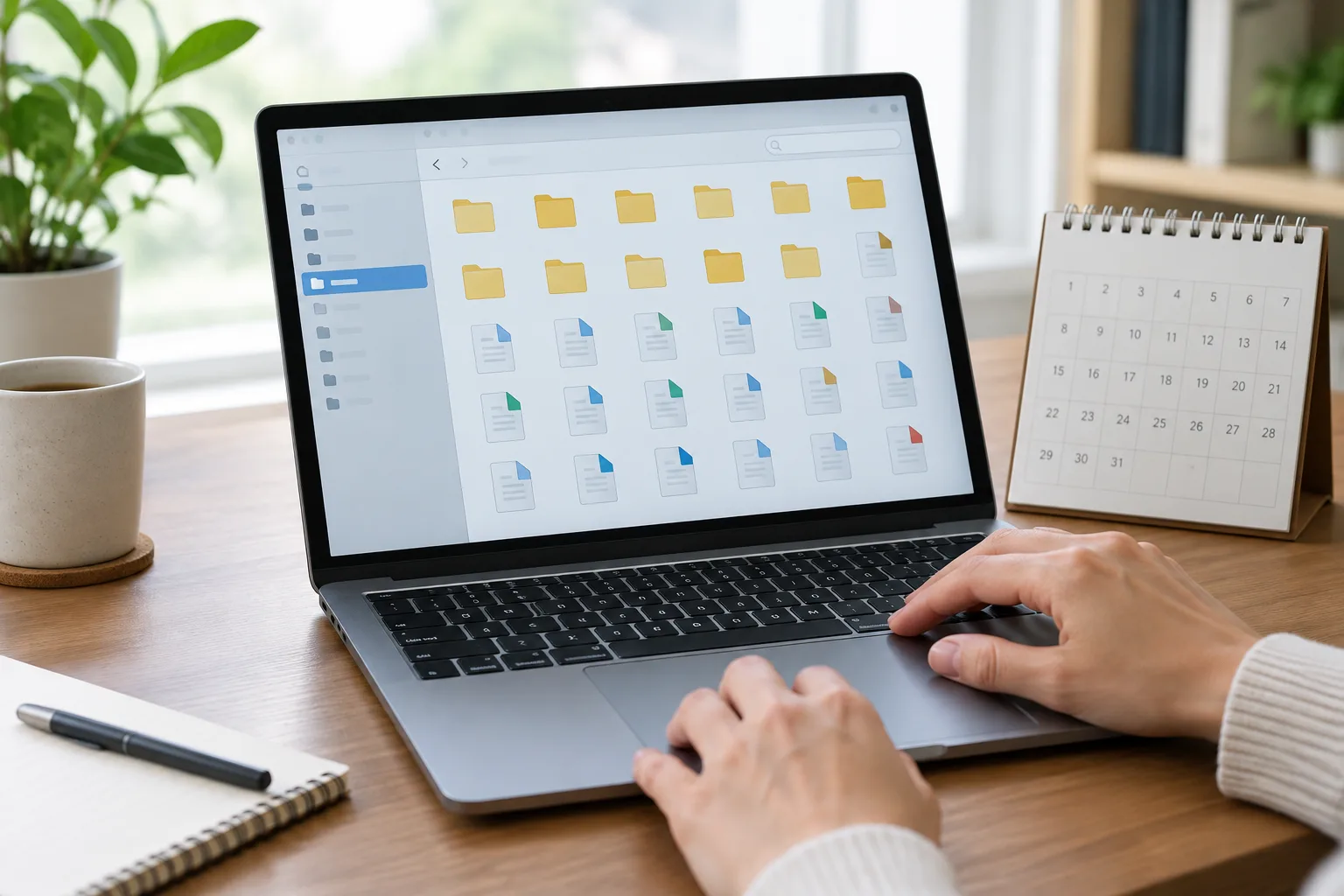Des mains utilisent un ordinateur portable pour classer des fichiers à côté d’un calendrier.