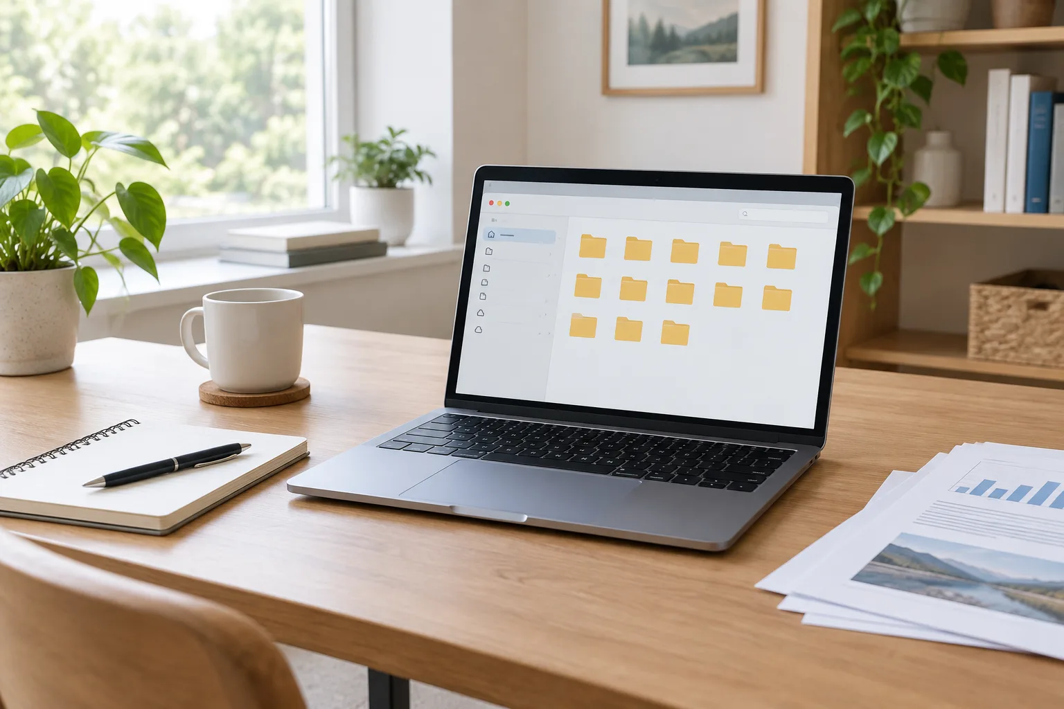Un ordinateur portable affichant des dossiers numériques rangés sur un bureau clair.