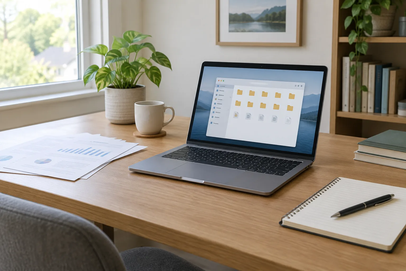 Un ordinateur portable ouvert sur une organisation de dossiers, posé sur un bureau avec quelques documents.