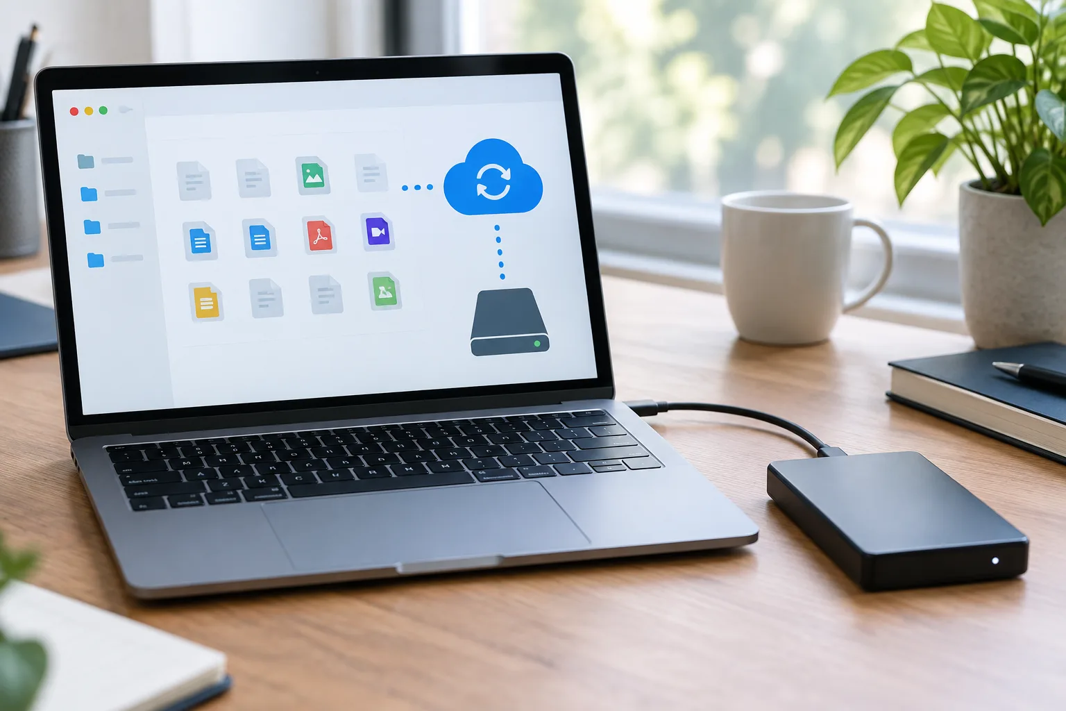Un ordinateur portable à côté d’un disque dur externe, pour illustrer la sauvegarde séparée des fichiers.