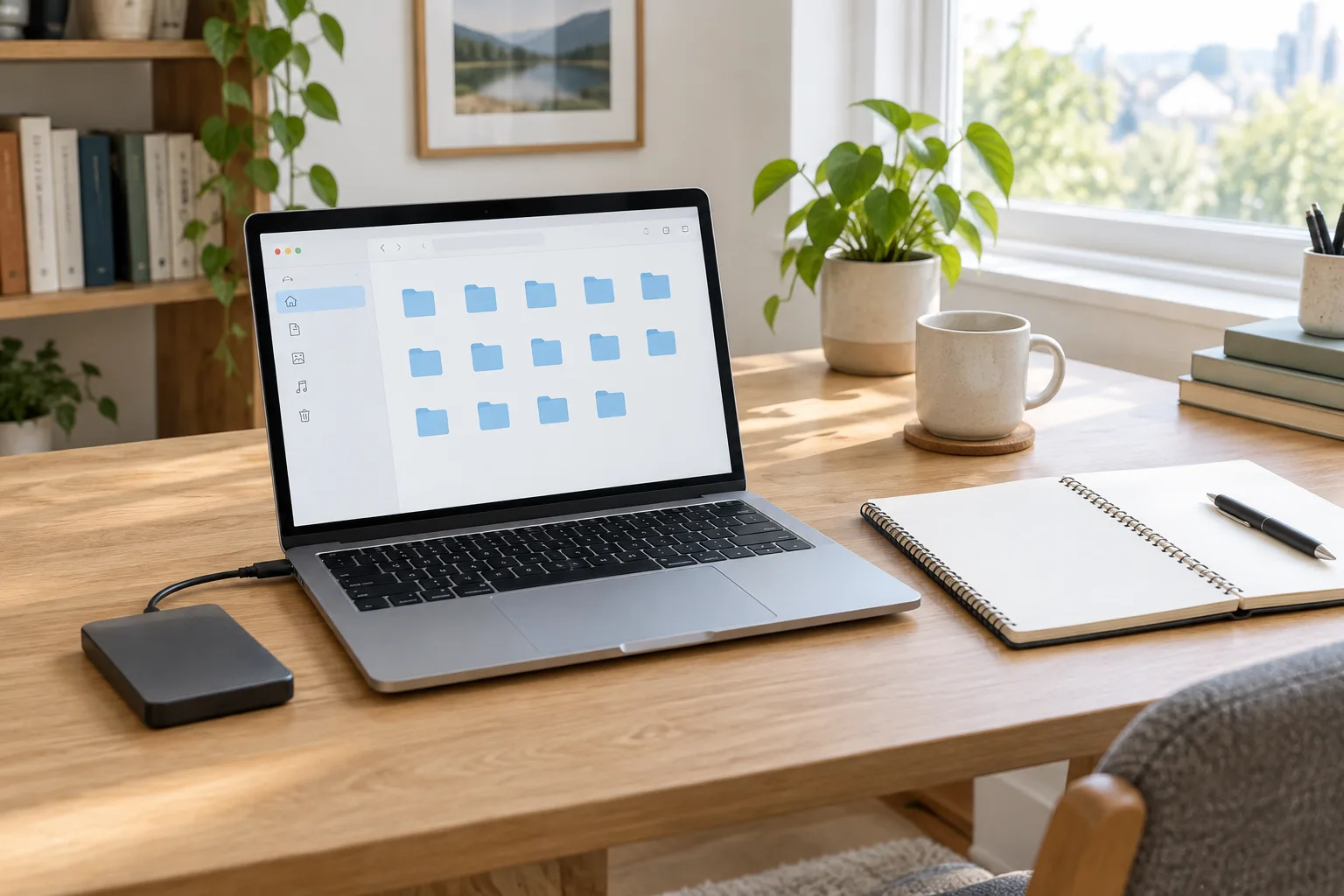 Un ordinateur portable et un disque externe posés sur un bureau rangé.