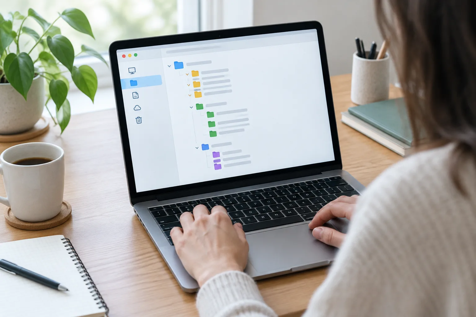 Une personne organise des dossiers numériques sur un ordinateur portable.