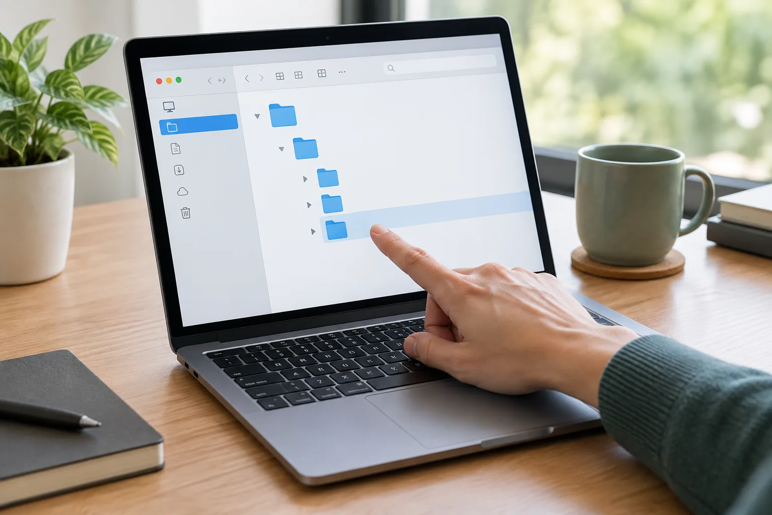 Une main utilise le pavé tactile devant une interface de gestion de fichiers organisée en quelques dossiers.