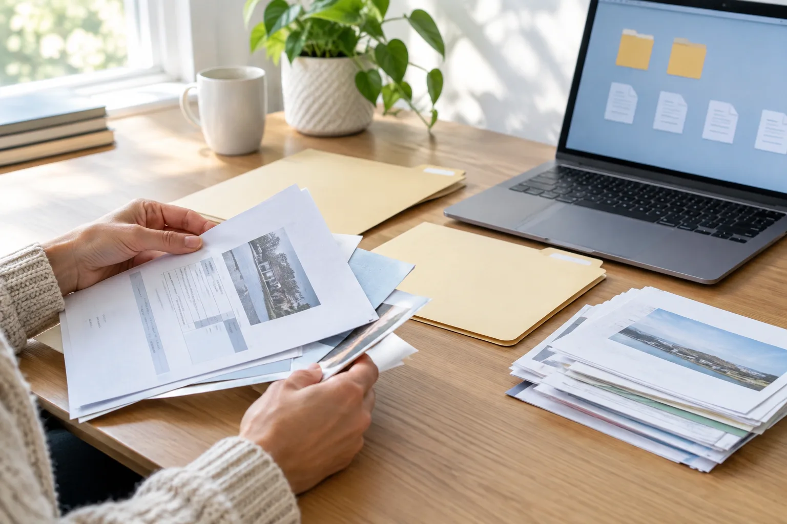 Des documents papier sont triés près d’un ordinateur et de dossiers de classement.