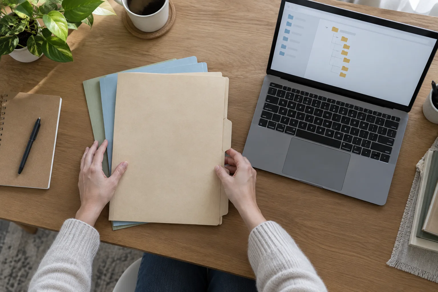 Des dossiers physiques et une interface de classement numérique sont organisés côte à côte sur un bureau.