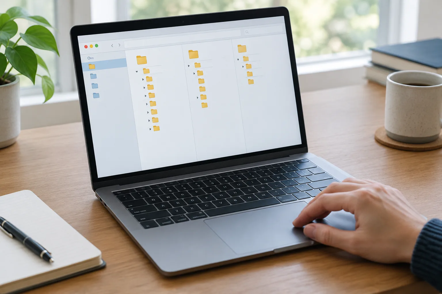Une main organise des dossiers numériques sur l’écran d’un ordinateur portable.