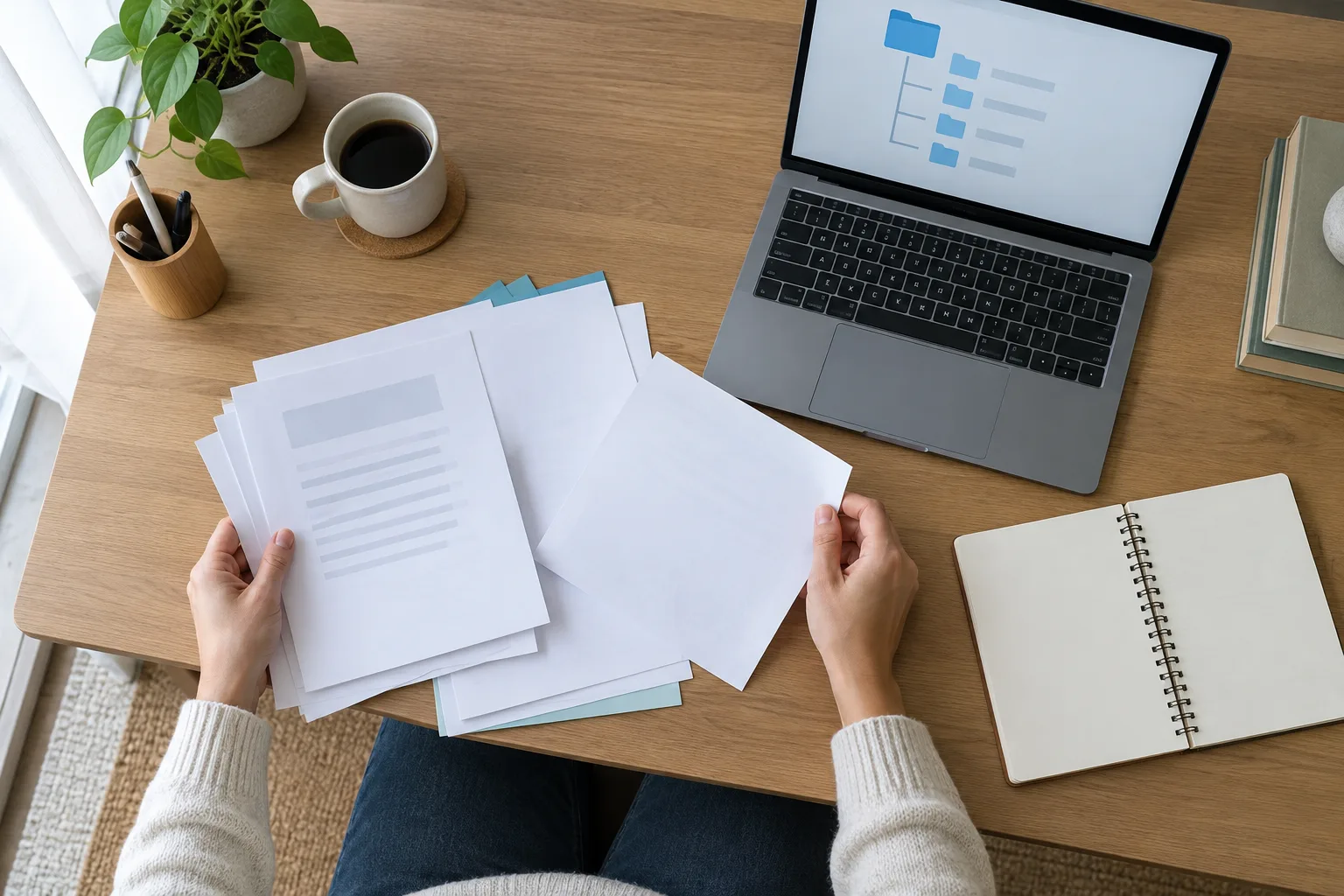 Des documents et un ordinateur sont disposés sur un bureau pendant la création d’un classement simple.