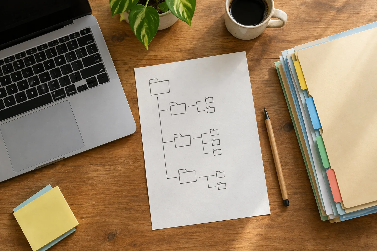 Un ordinateur et une feuille présentant un schéma simple de classement en dossiers.