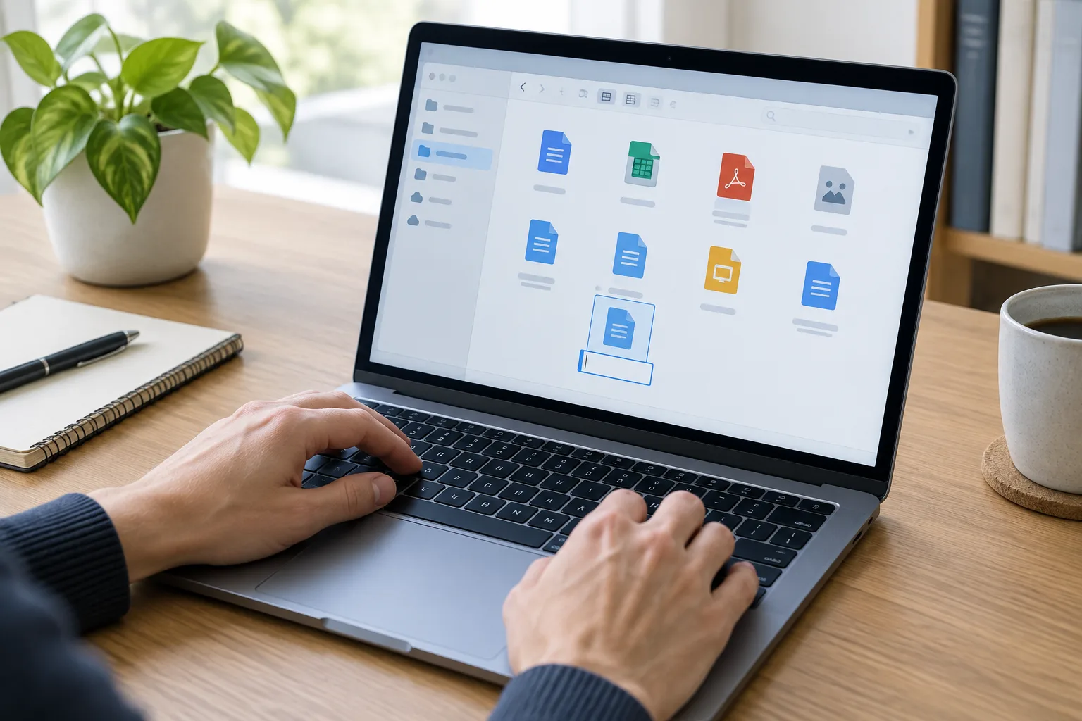 Des mains organisent des documents dans un dossier sur un ordinateur portable.