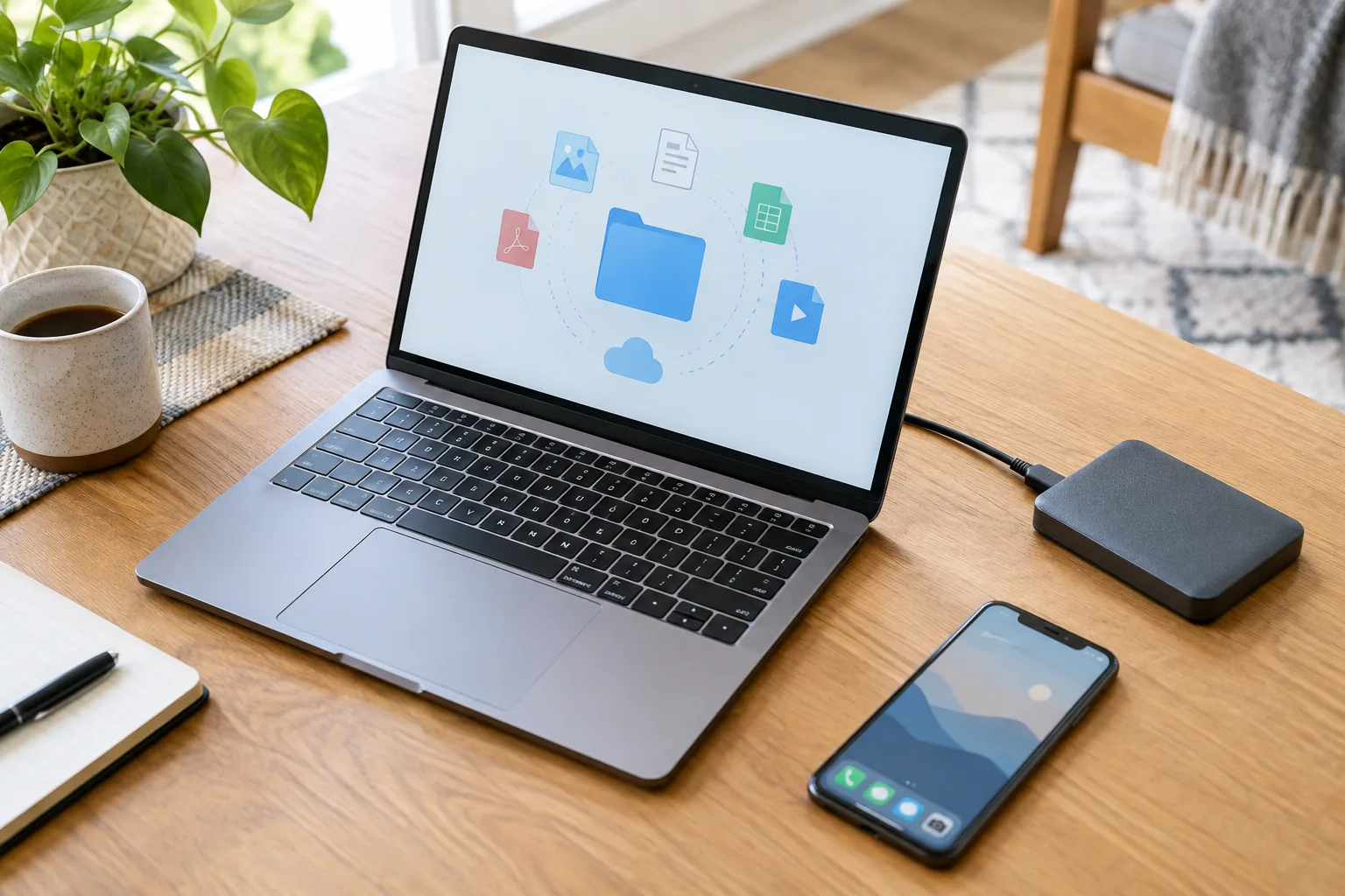 Un ordinateur portable, un téléphone et un disque externe réunis sur un bureau.