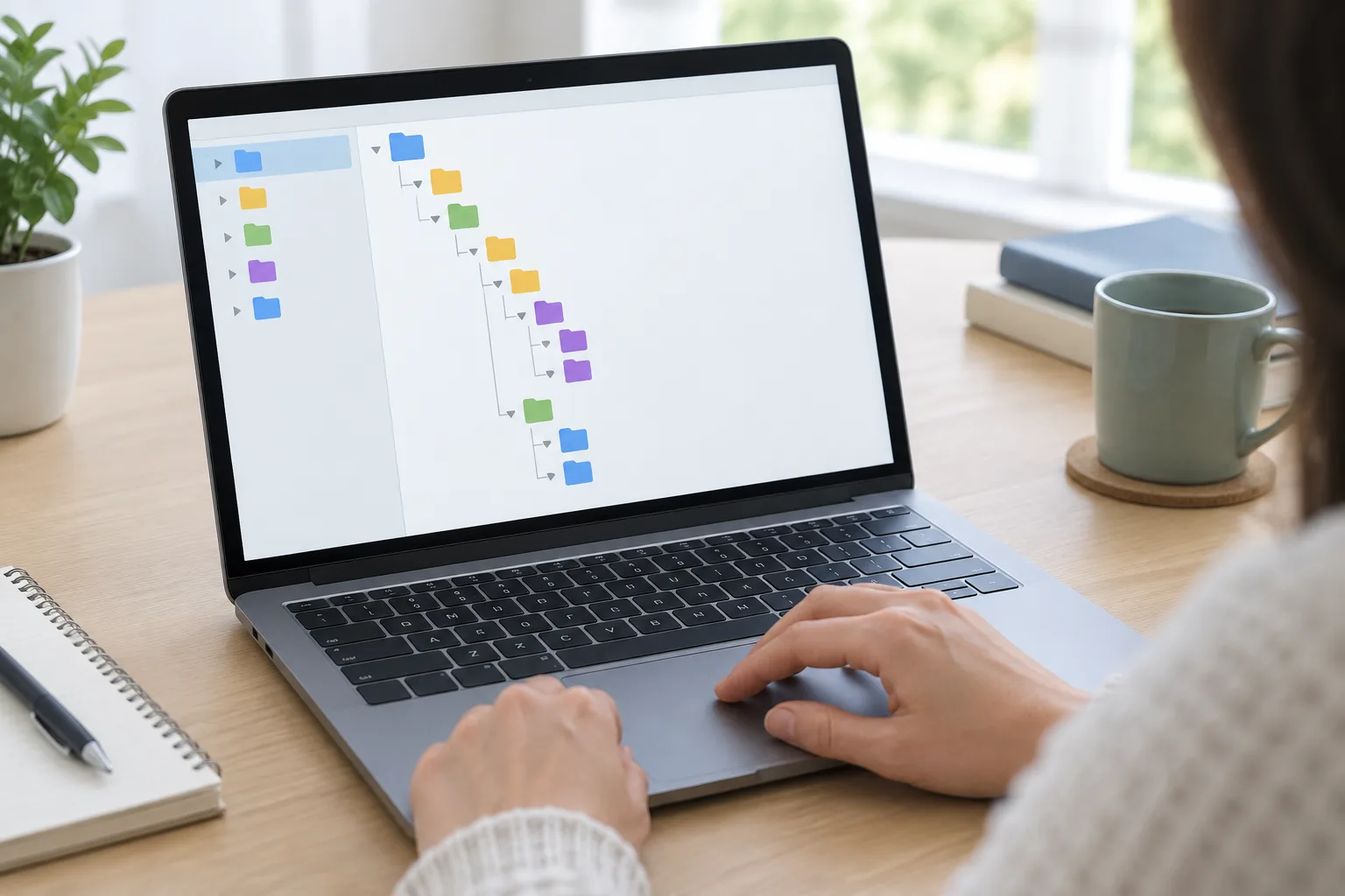 Une personne organise des dossiers numériques sur l’écran d’un ordinateur portable.