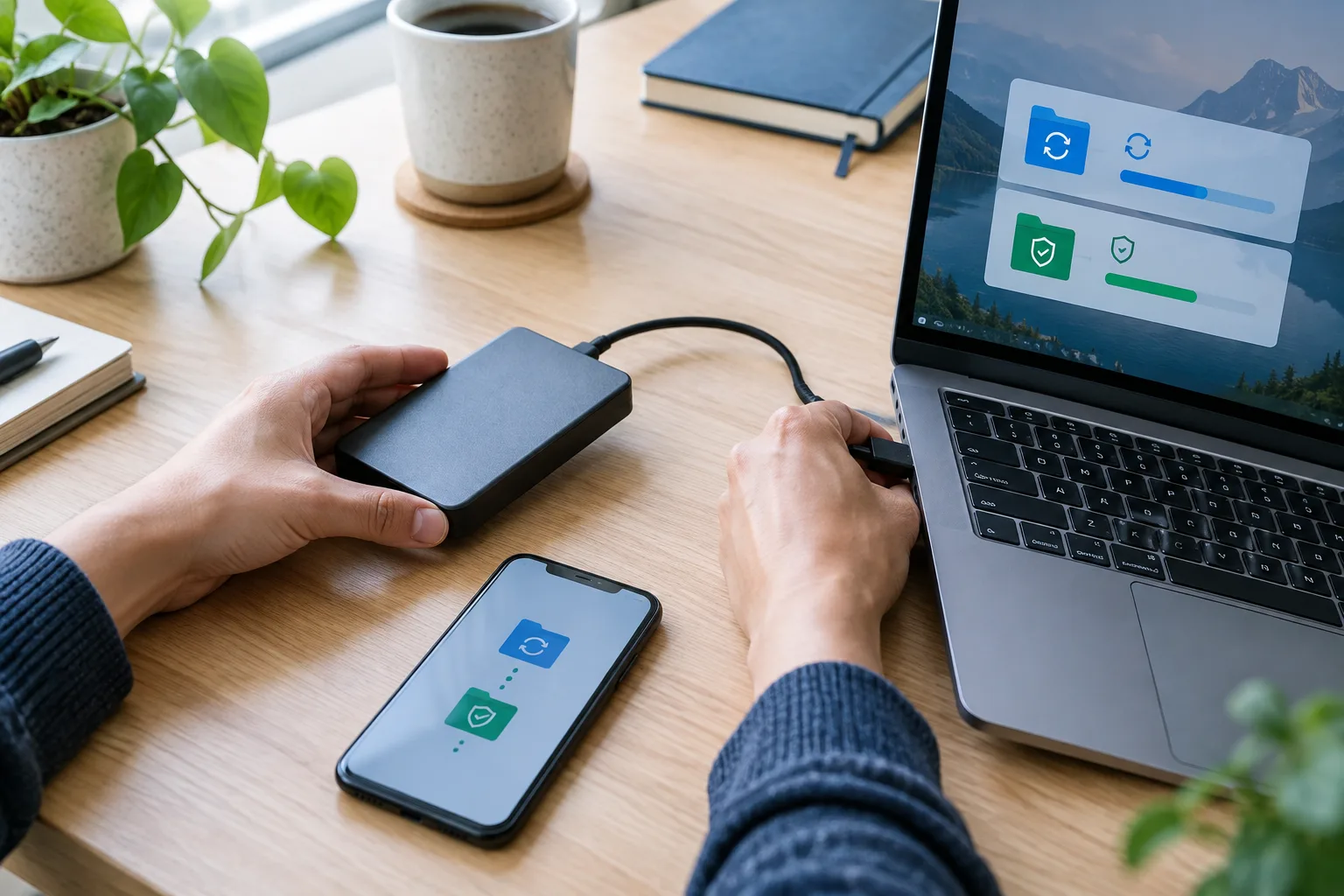 Un disque externe est relié à un ordinateur portable, avec un téléphone posé à proximité.
