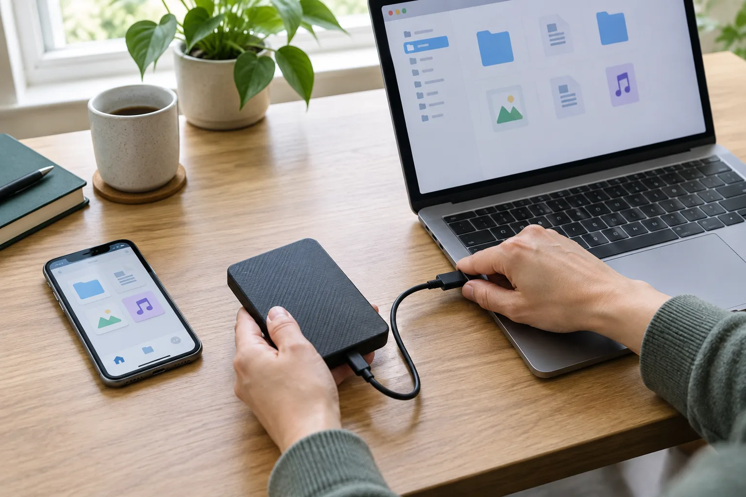 Disque dur externe relié à un ordinateur portable, avec un téléphone posé à côté.