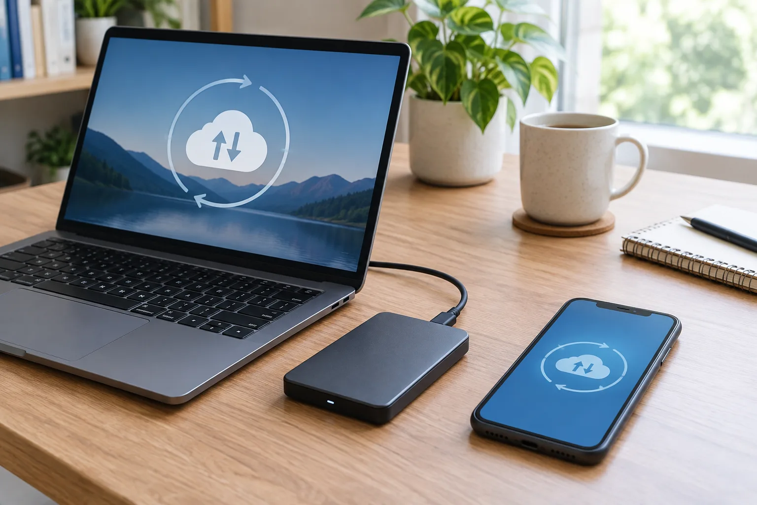 Un ordinateur, un téléphone et un disque externe illustrent le stockage et la copie de fichiers sur plusieurs supports.