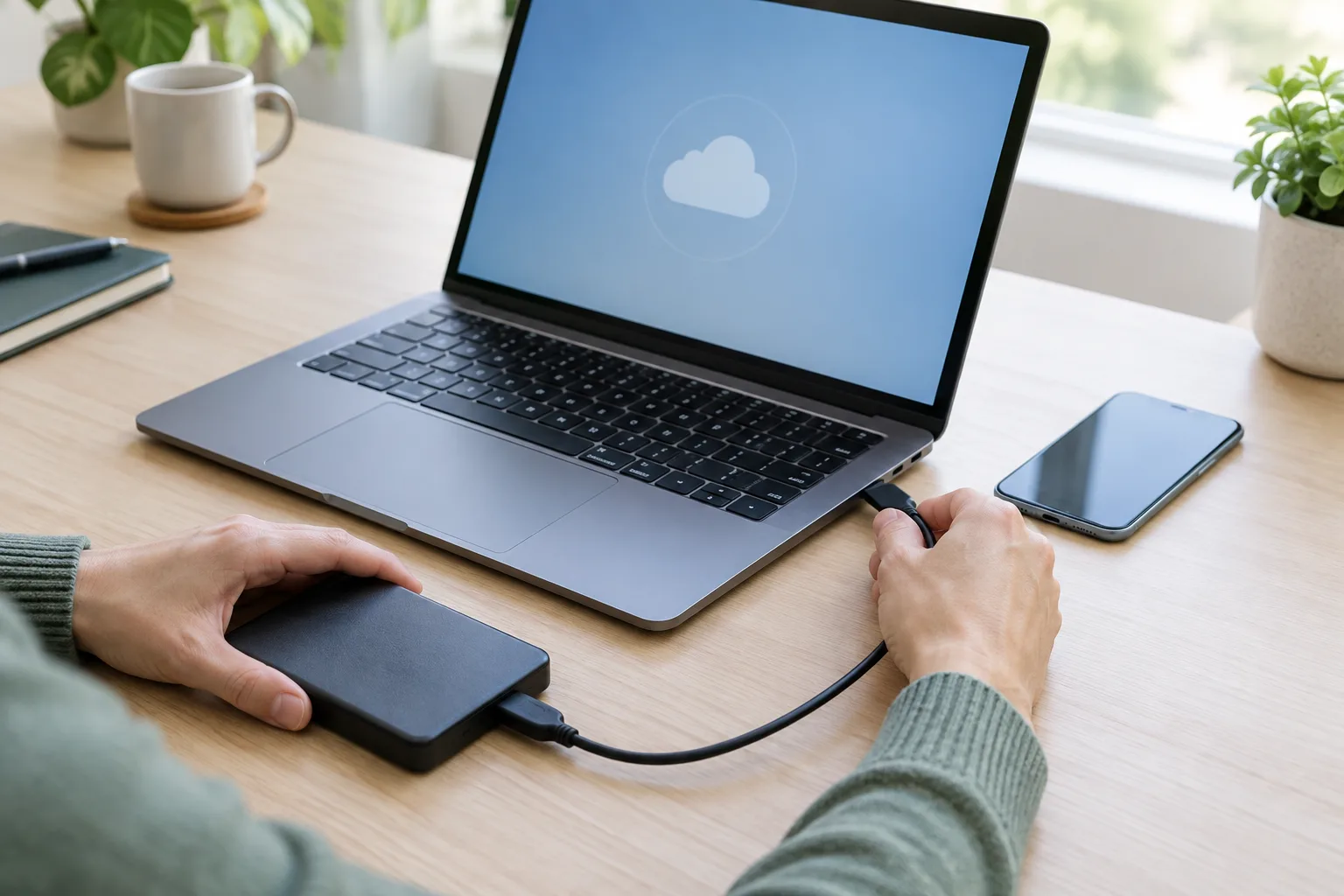 Un disque externe est relié à un ordinateur portable, avec un téléphone posé à proximité.