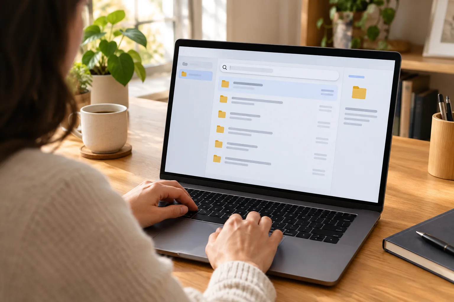 Une personne utilise la recherche de son ordinateur pour retrouver un document dans ses dossiers.