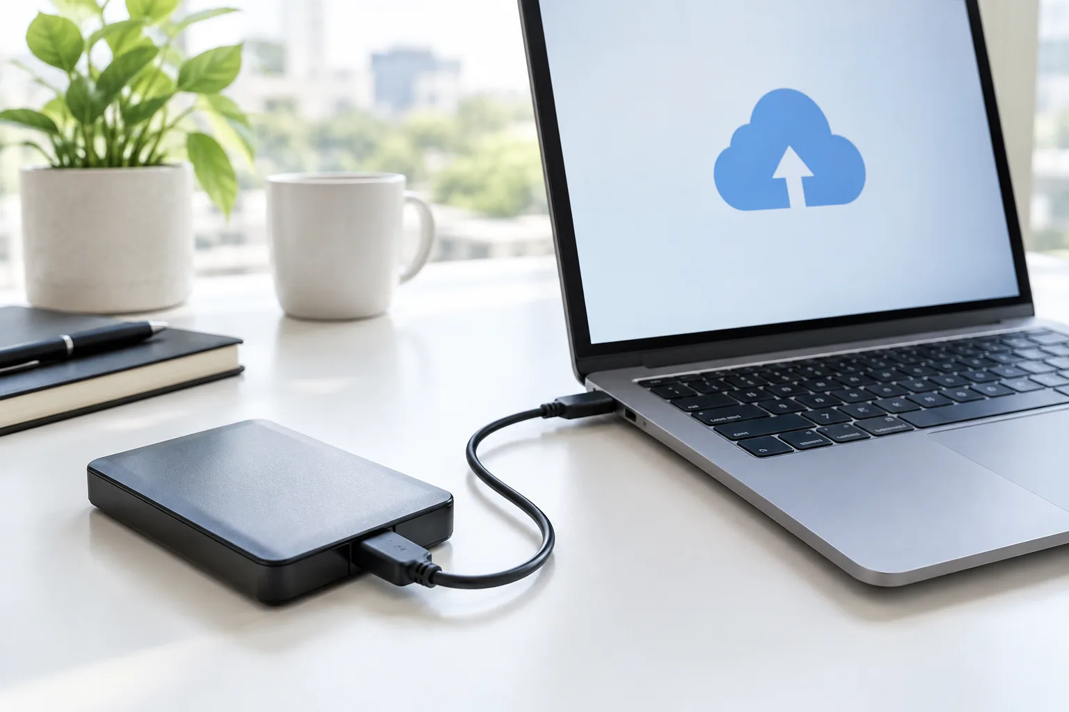 Un disque externe est relié à un ordinateur portable pour illustrer la sauvegarde de fichiers.