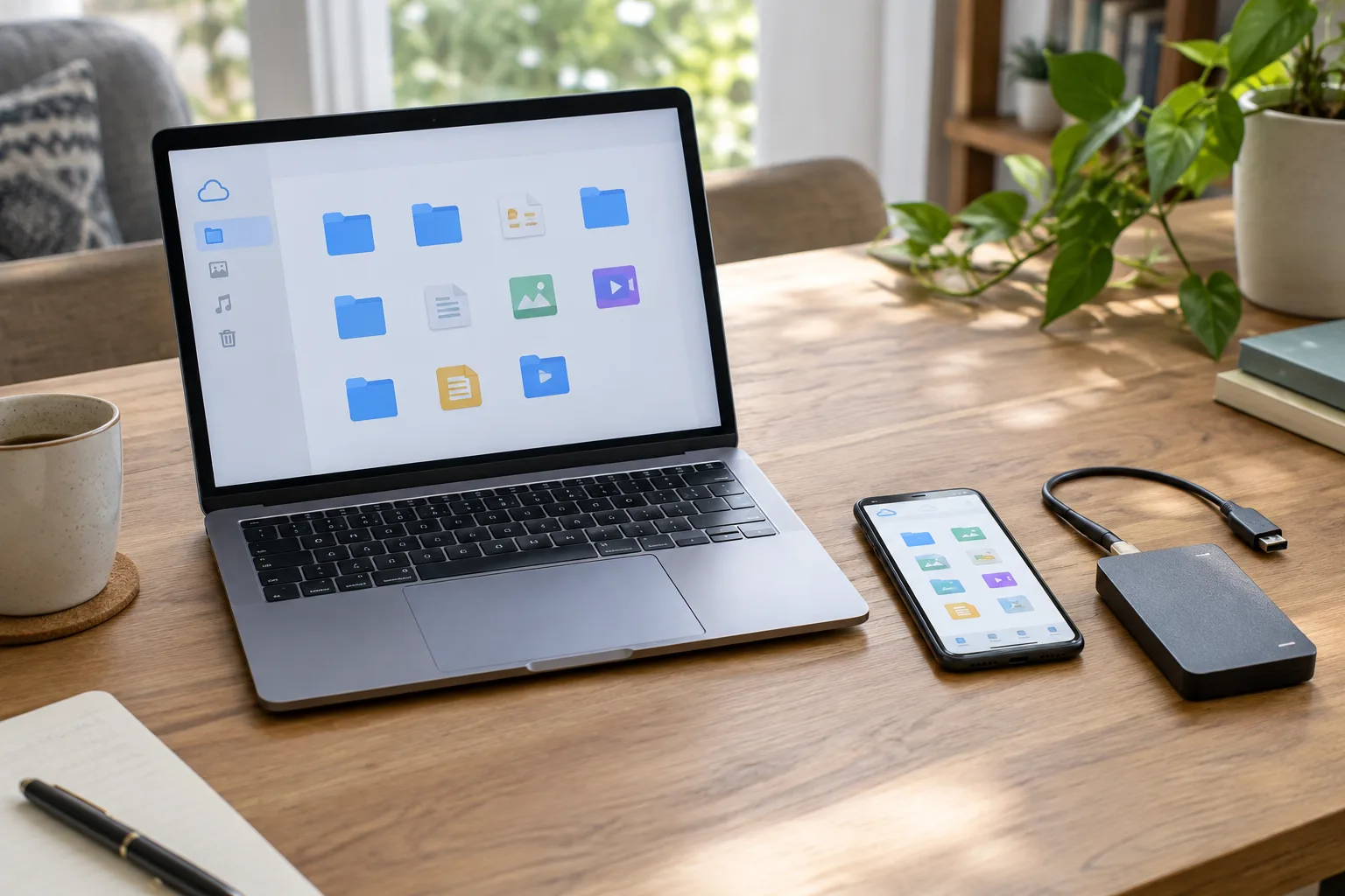 Un ordinateur, un téléphone et un disque externe illustrent la synchronisation et la sauvegarde des fichiers.
