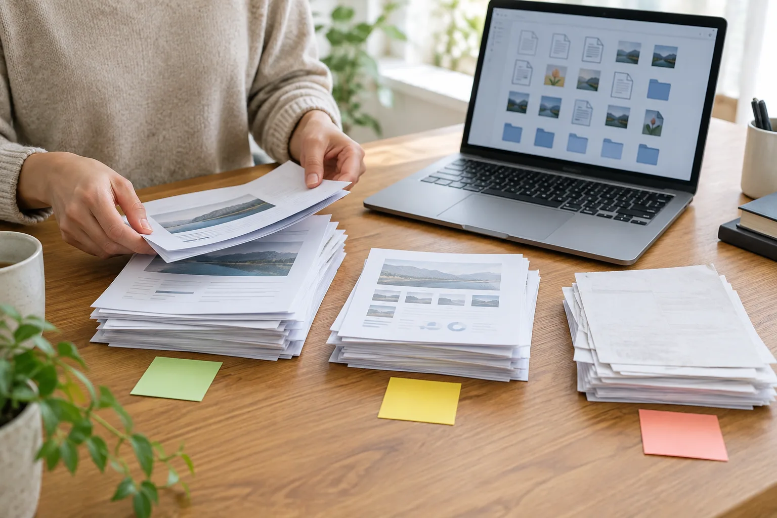 Des documents sont triés en plusieurs piles à côté d’un ordinateur portable.