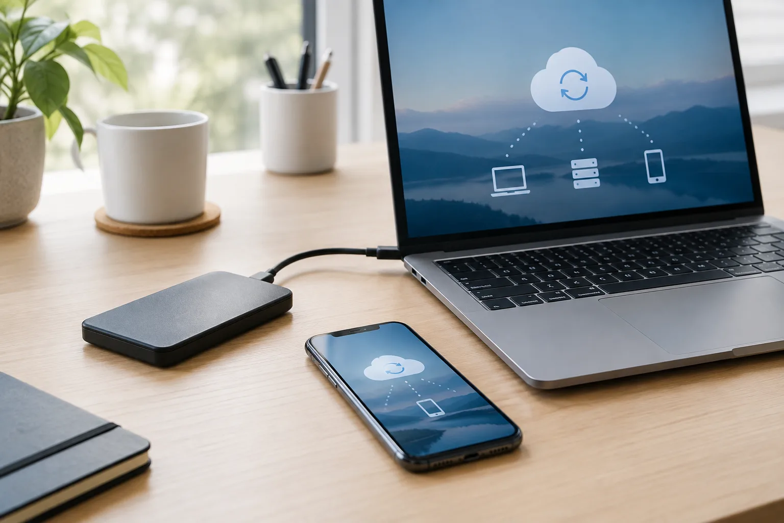 Un disque externe placé près d’un ordinateur et d’un téléphone.