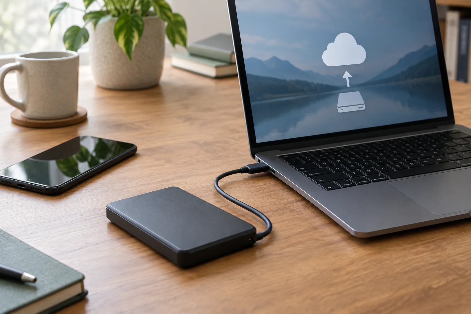 Un disque externe relié à un ordinateur portable, avec un téléphone posé à proximité.