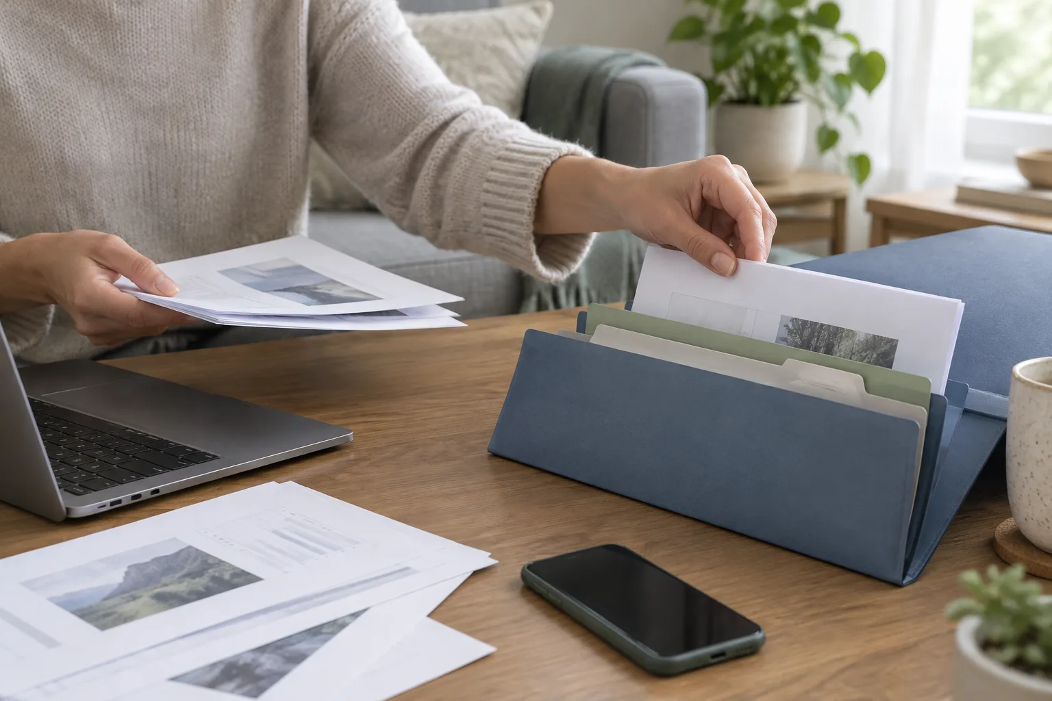 Des mains classent des documents près d’un ordinateur et d’un téléphone.