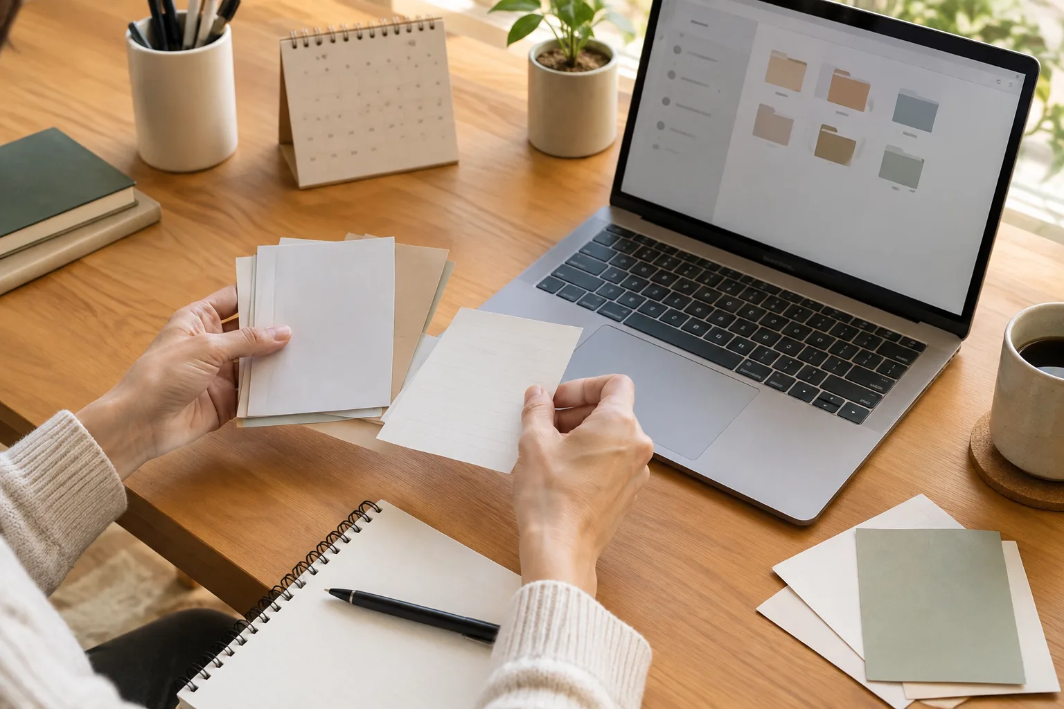 Des mains organisent des notes près d’un ordinateur et d’un calendrier de bureau.
