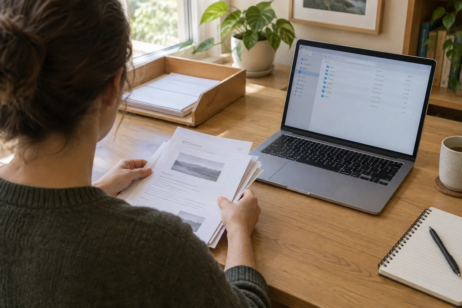 Une personne trie des documents près d’un ordinateur et d’un bac de rangement, sans visage visible.