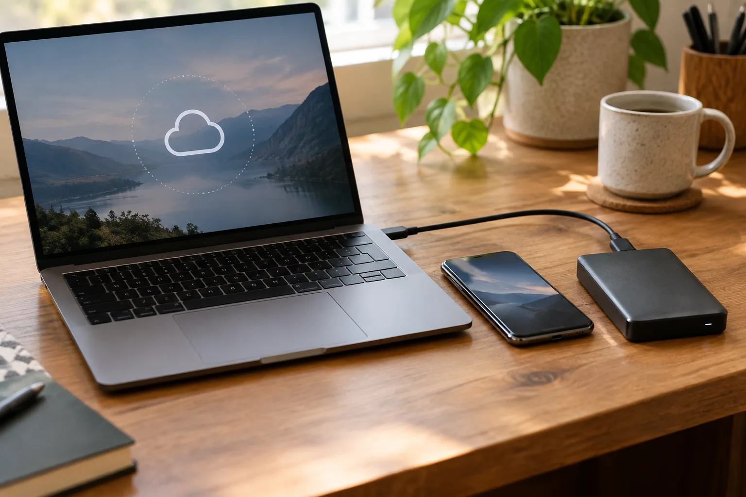 Ordinateur, téléphone et support de stockage externe réunis sur un bureau pour illustrer la synchronisation et la sauvegarde.