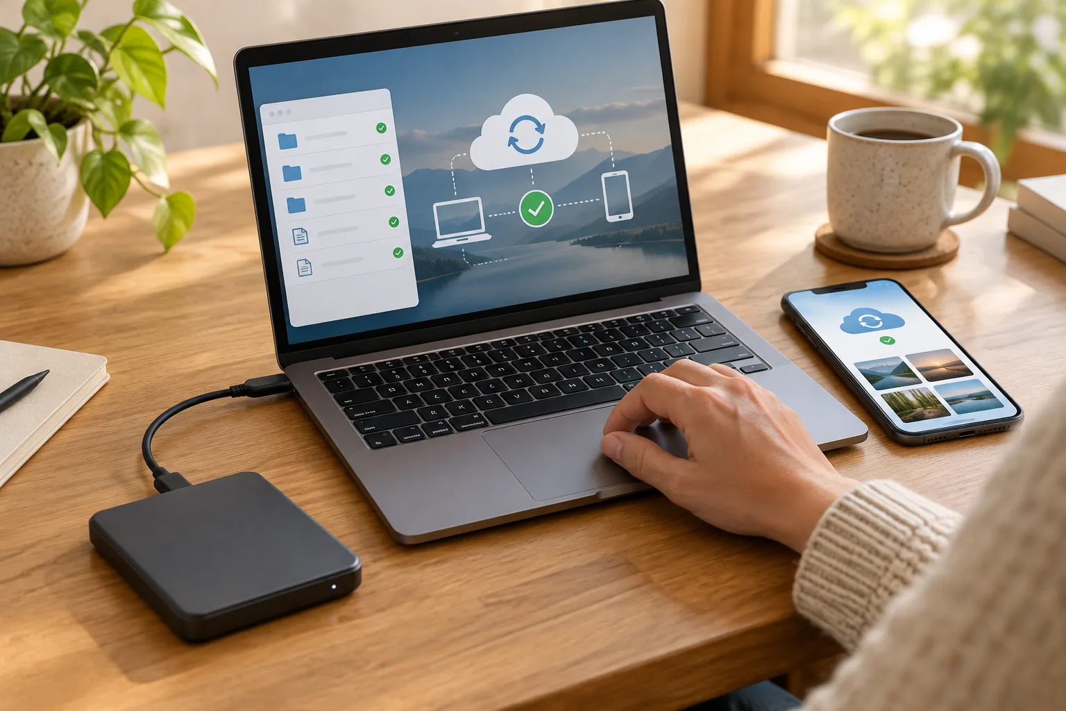 Un disque externe connecté à un ordinateur portable à côté d’un téléphone.