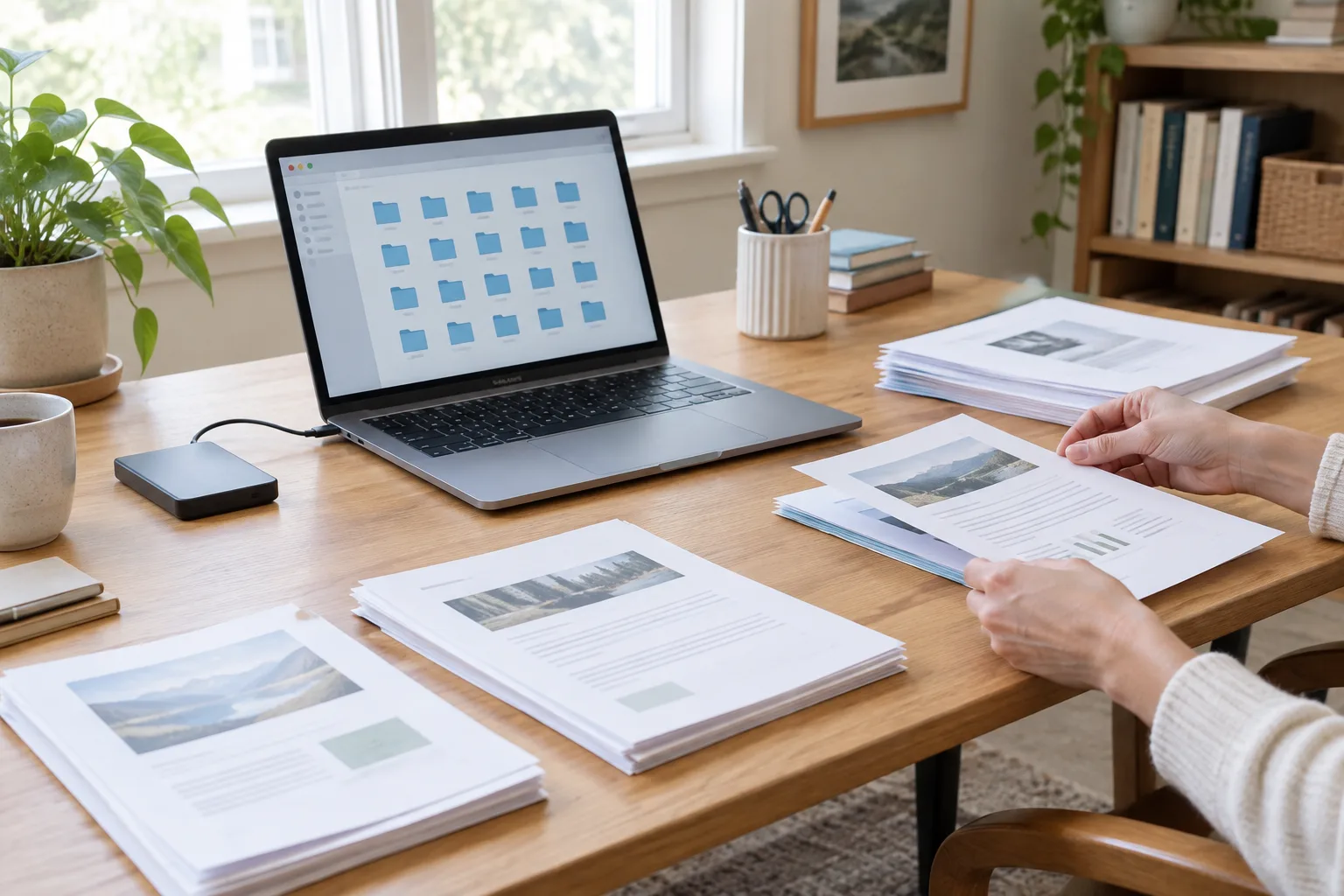 Un ordinateur portable et un disque externe posés sur un bureau où des documents sont en cours de classement.