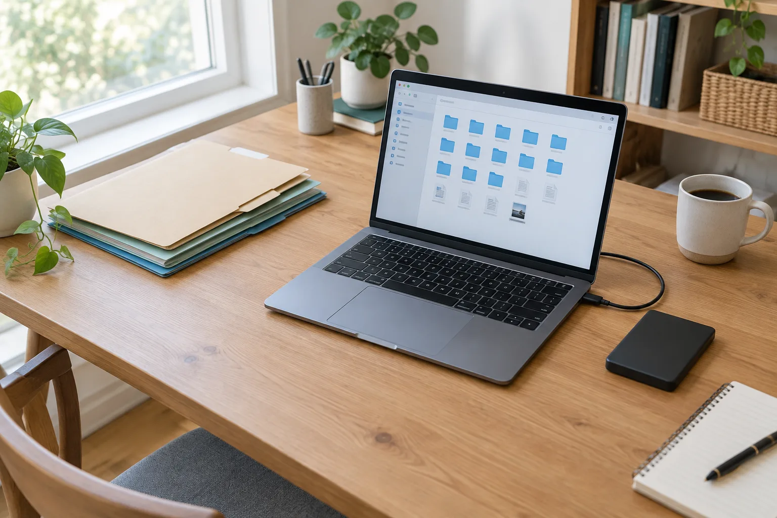 Un ordinateur portable et des dossiers rangés sur un bureau lumineux.