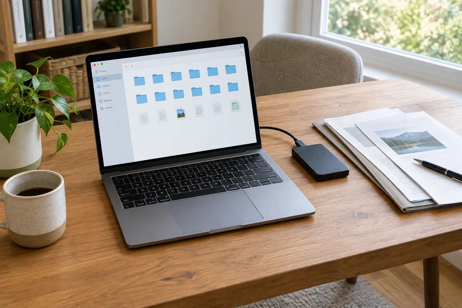 Ordinateur portable ouvert sur une interface de dossiers, accompagné d’un disque dur externe et de documents rangés.