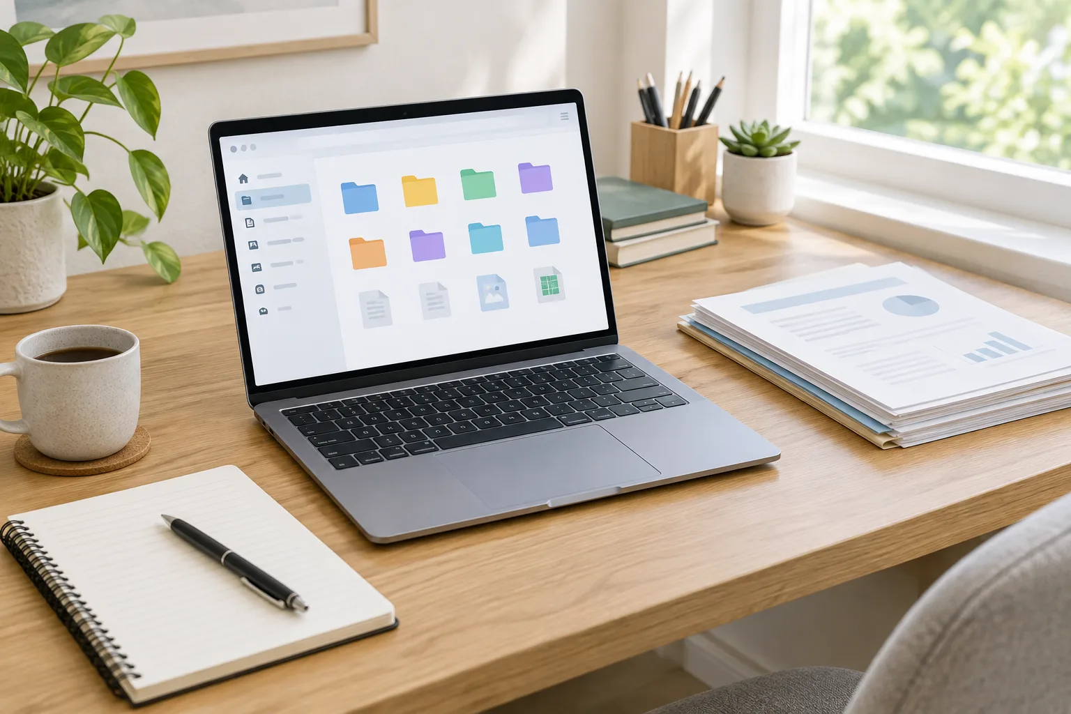 Un ordinateur portable ouvert sur une interface de dossiers organisée, accompagné d’un carnet et de documents papier.