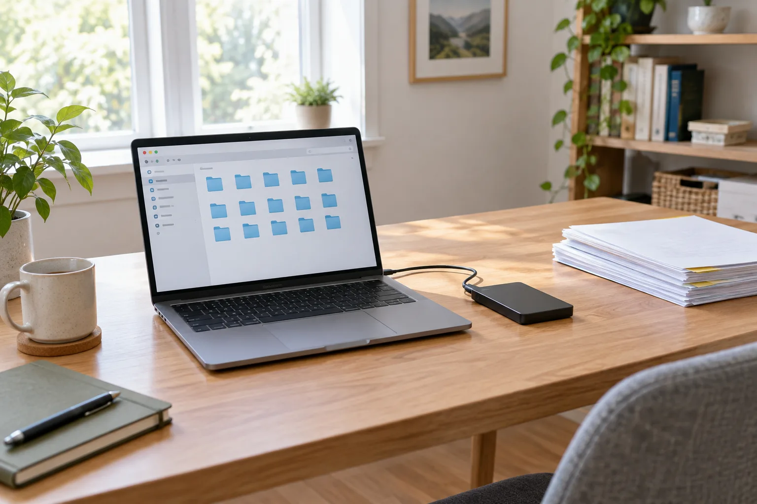 Ordinateur portable et disque externe posés sur un bureau rangé, avec des documents classés à proximité.