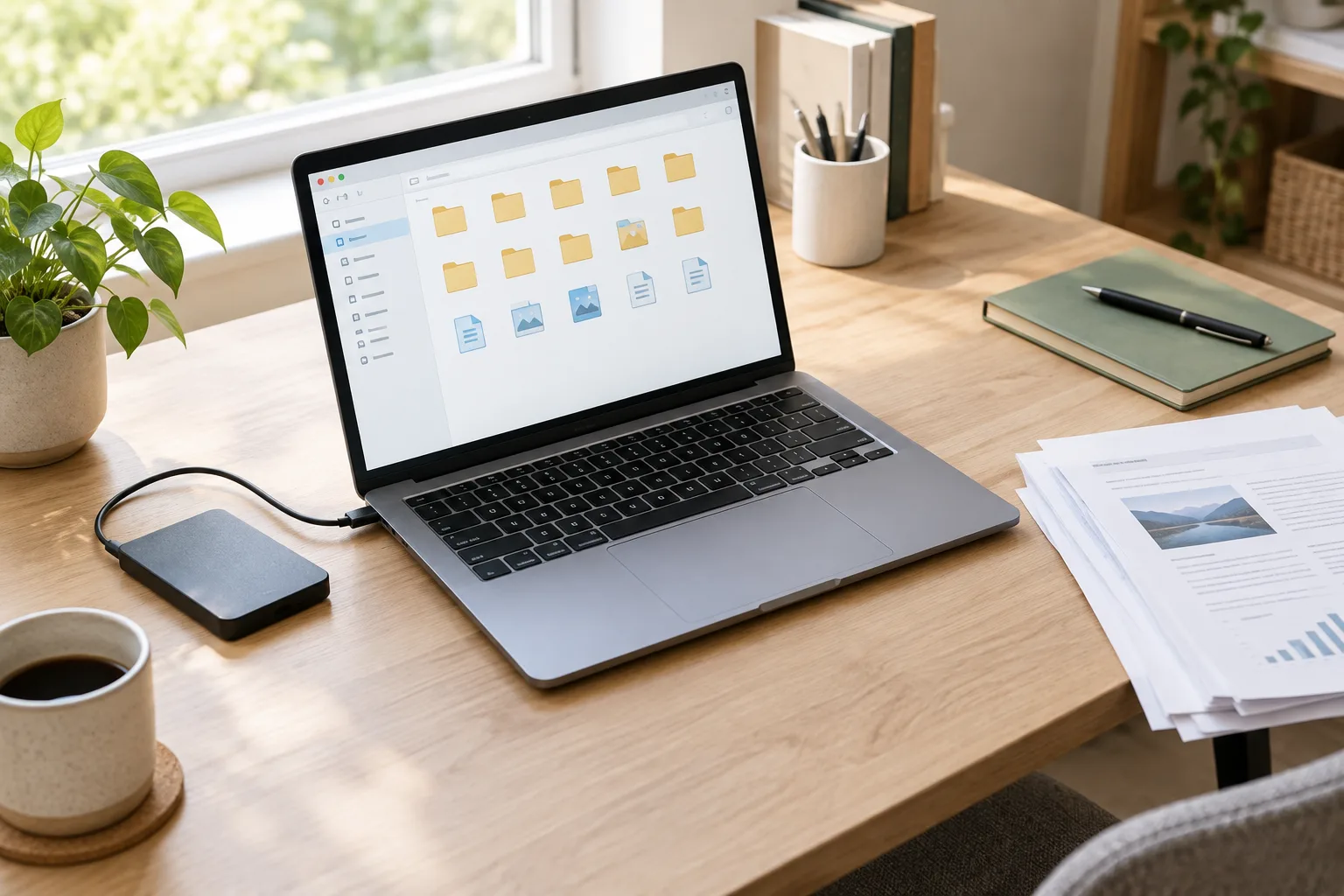 Un ordinateur portable ouvert sur une interface de dossiers, accompagné d’un disque externe et de quelques documents papier.