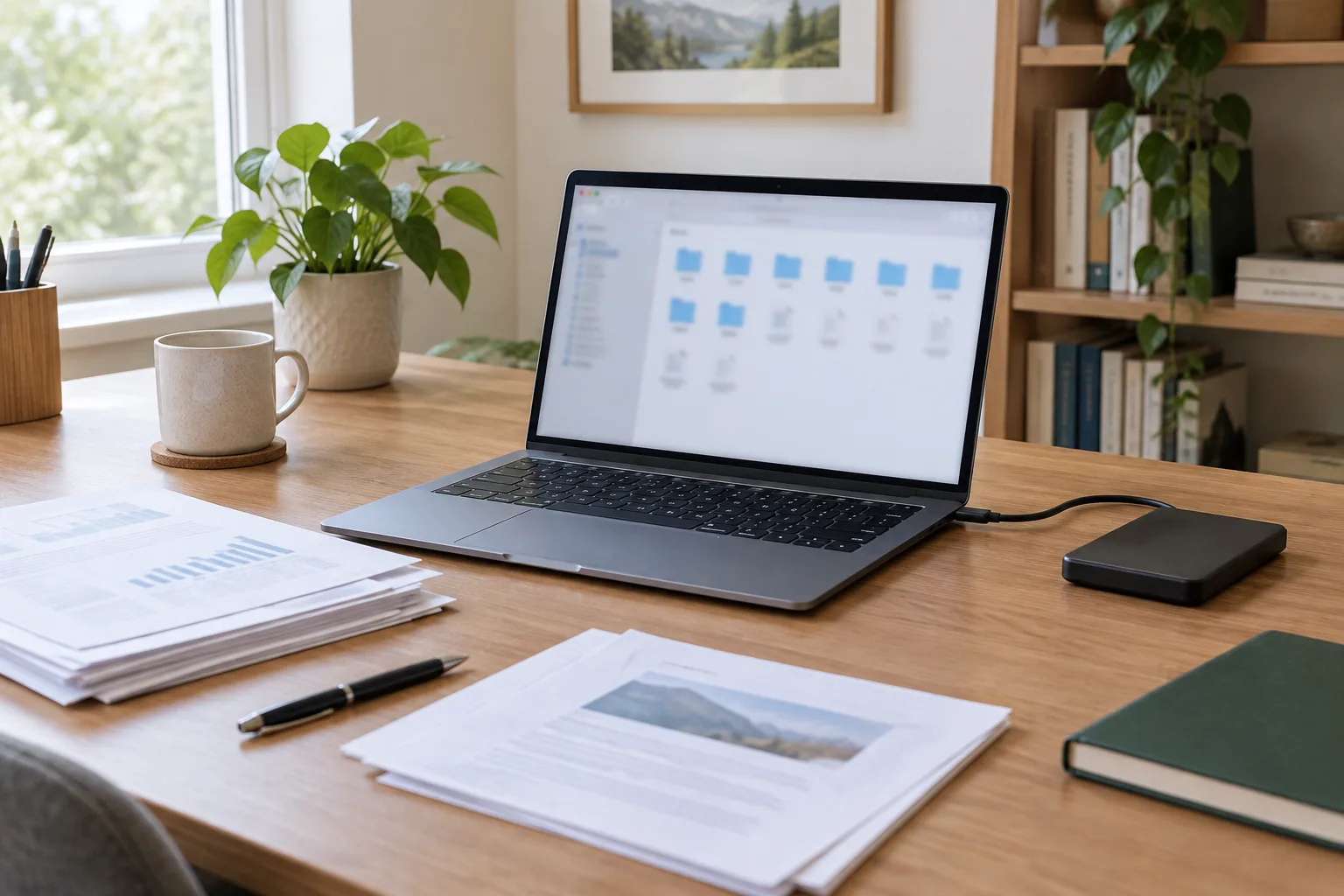 Un ordinateur portable ouvert sur un bureau rangé, à côté de documents et d’un disque de stockage externe.