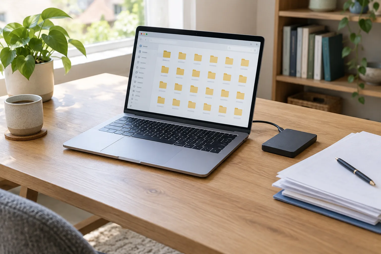 Un ordinateur portable, un disque externe et des documents réunis sur un bureau organisé.