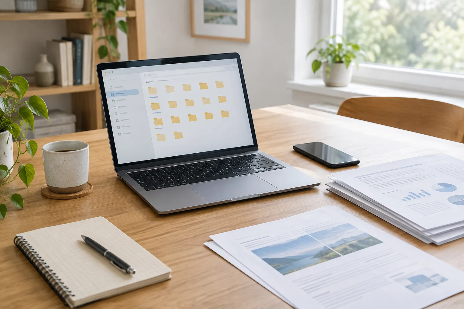 Un ordinateur portable ouvert sur une interface de dossiers, accompagné de documents et d’un téléphone sur un bureau rangé.