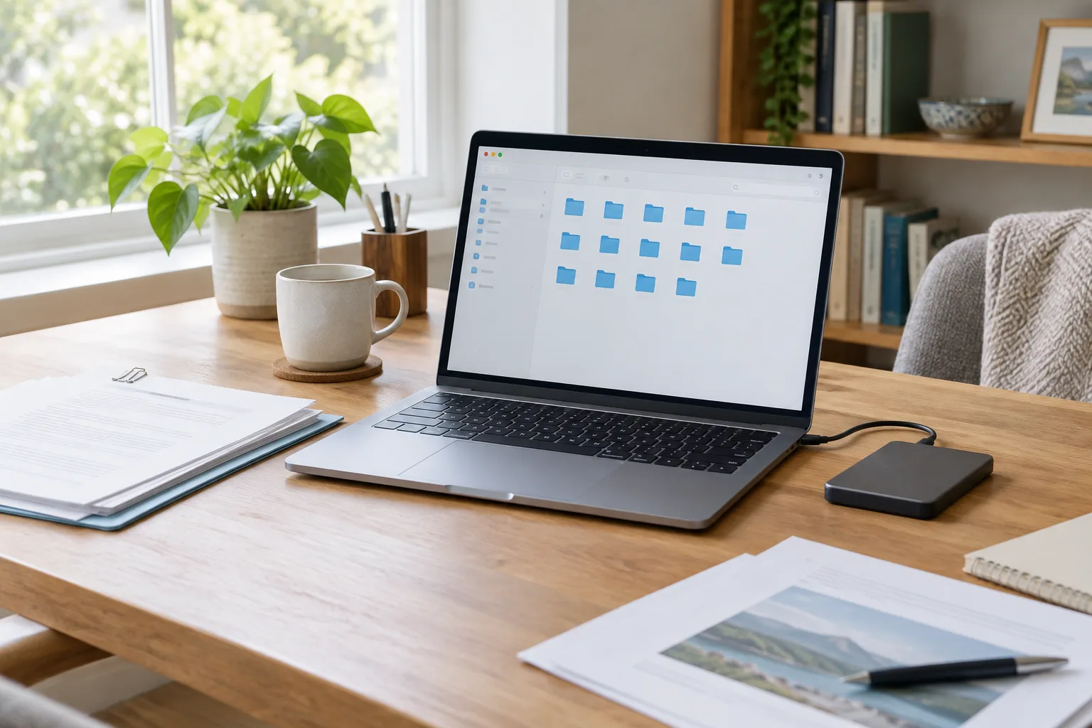 Un ordinateur portable ouvert sur une interface de dossiers, accompagné de documents rangés et d’un disque externe.