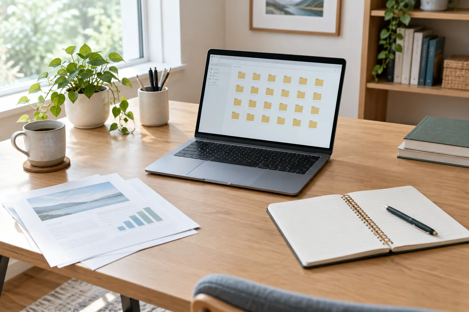 Un ordinateur portable et des documents posés sur un bureau rangé, évoquant le classement des fichiers numériques.