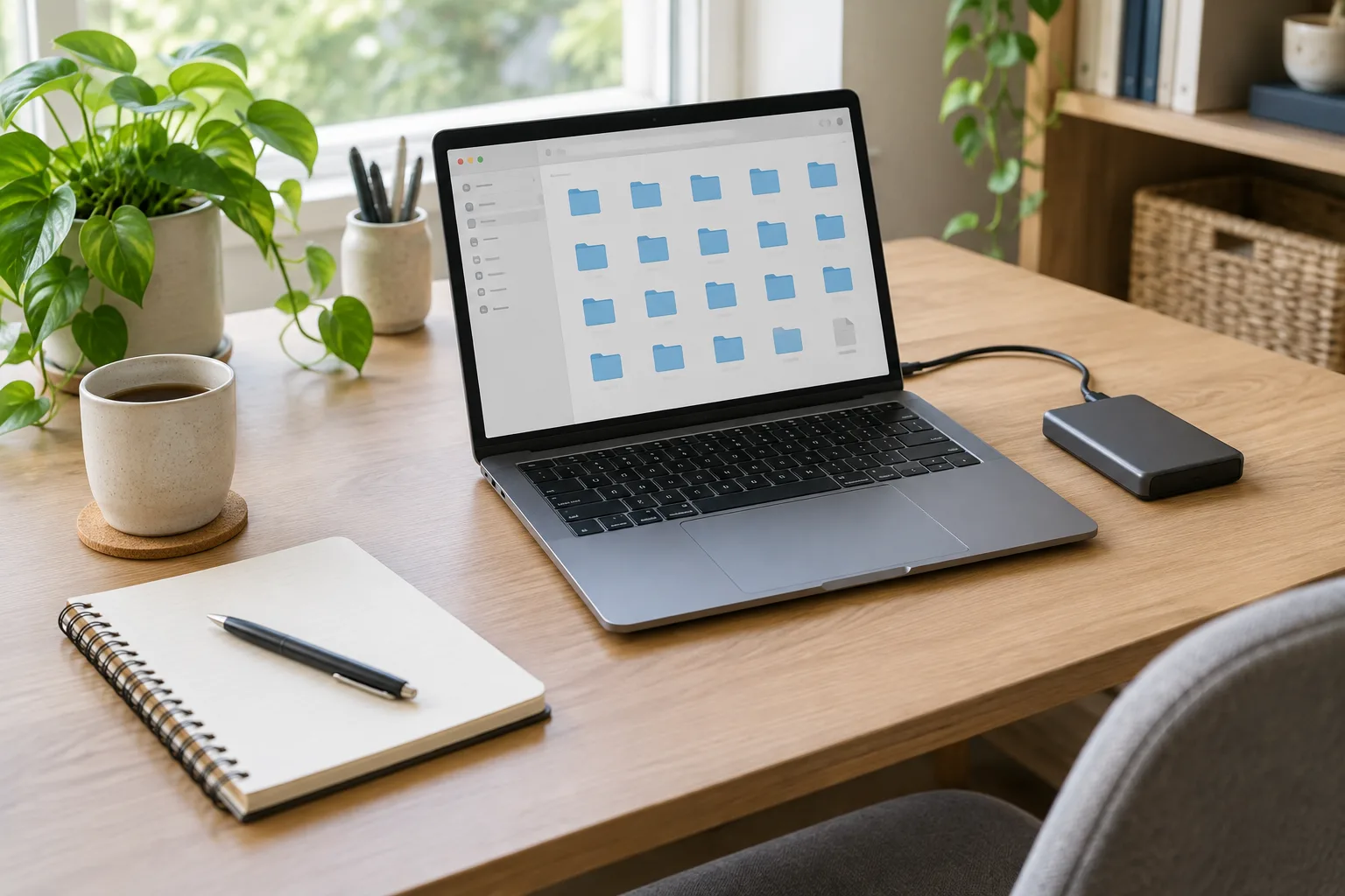 Un ordinateur portable, un disque externe et un carnet sur un bureau rangé.