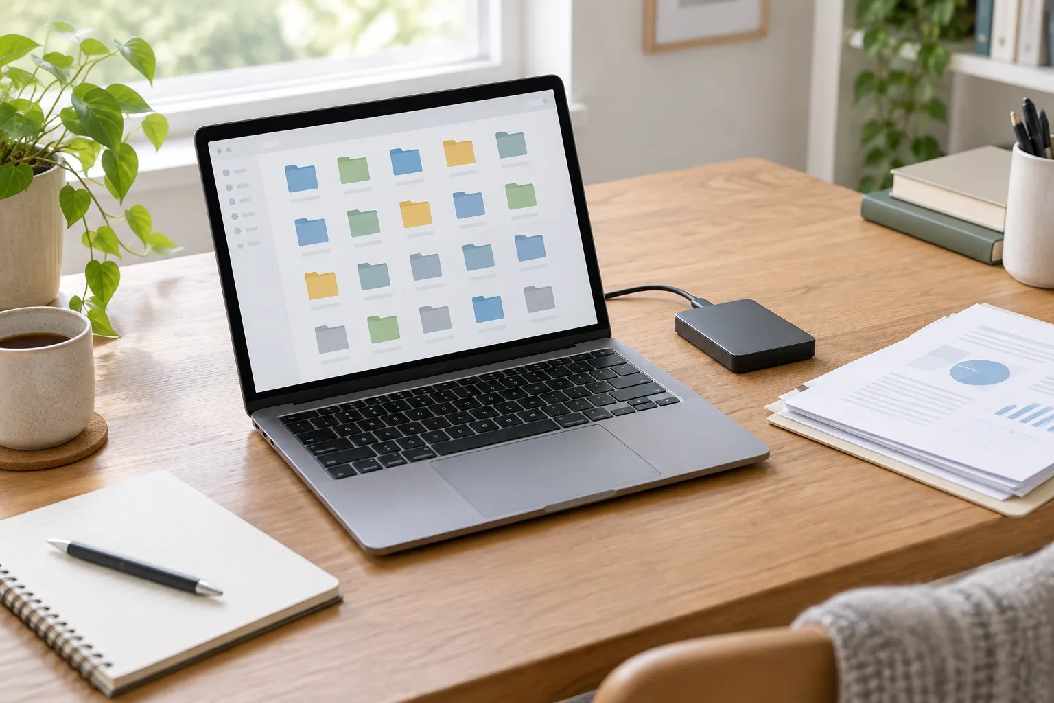 Un ordinateur portable et un disque externe sur un bureau rangé, évoquant le classement et la sauvegarde de fichiers.