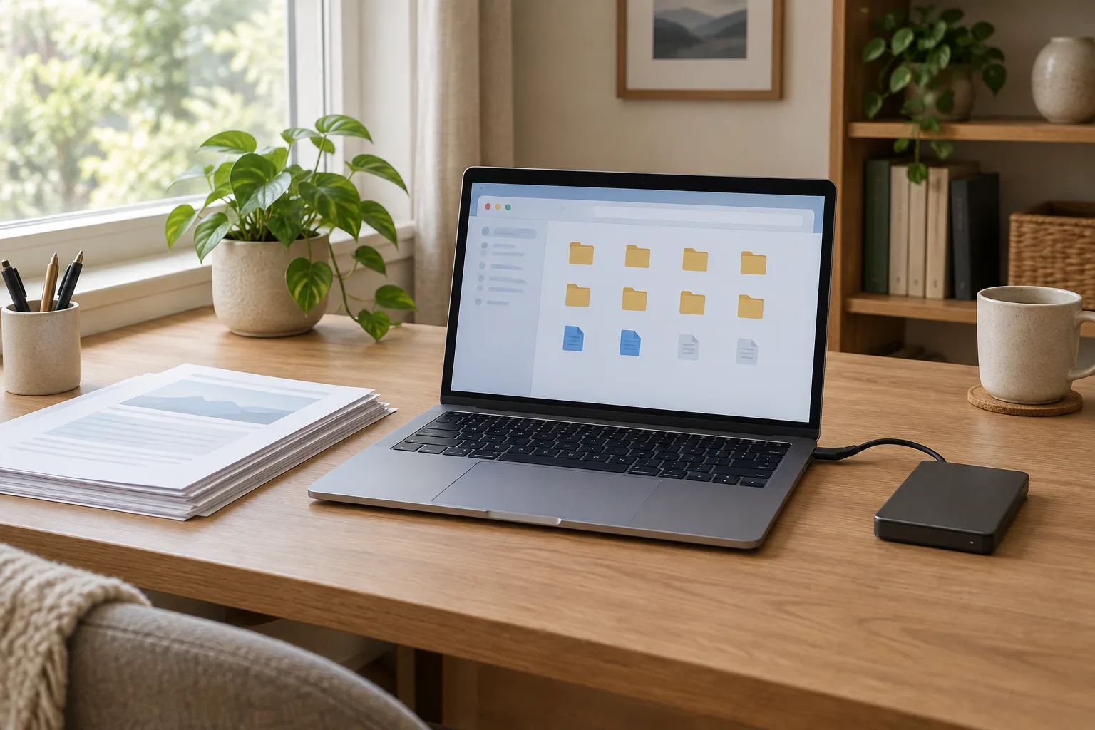 Un ordinateur portable et un disque externe posés sur un bureau rangé, avec quelques documents papier.