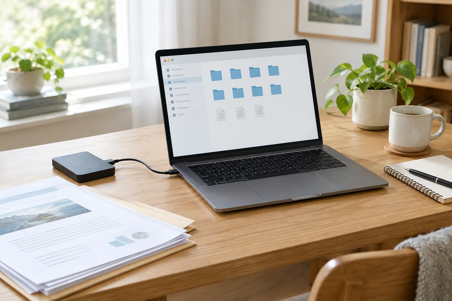 Un ordinateur portable et un disque externe posés sur un bureau rangé, avec des documents papier à proximité.