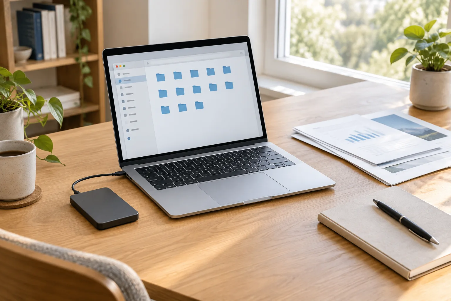 Un ordinateur portable et un disque externe rangés sur un bureau avec quelques documents papier.