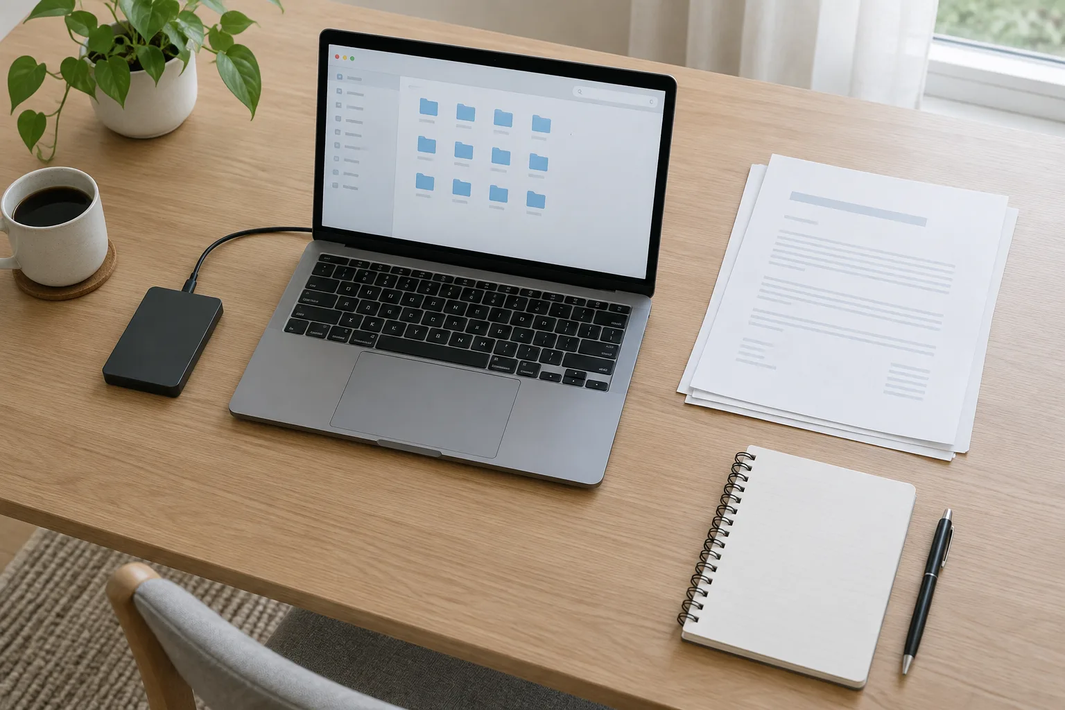 Un bureau rangé avec un ordinateur, un support de stockage externe et des documents classés.