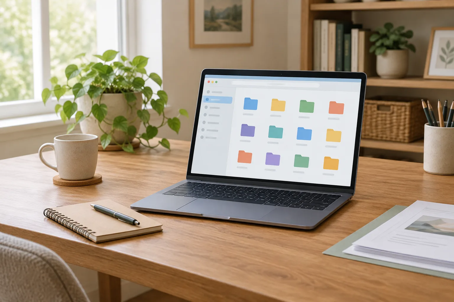 Un ordinateur portable ouvert sur une interface de dossiers, accompagné d’un carnet et de quelques papiers rangés.